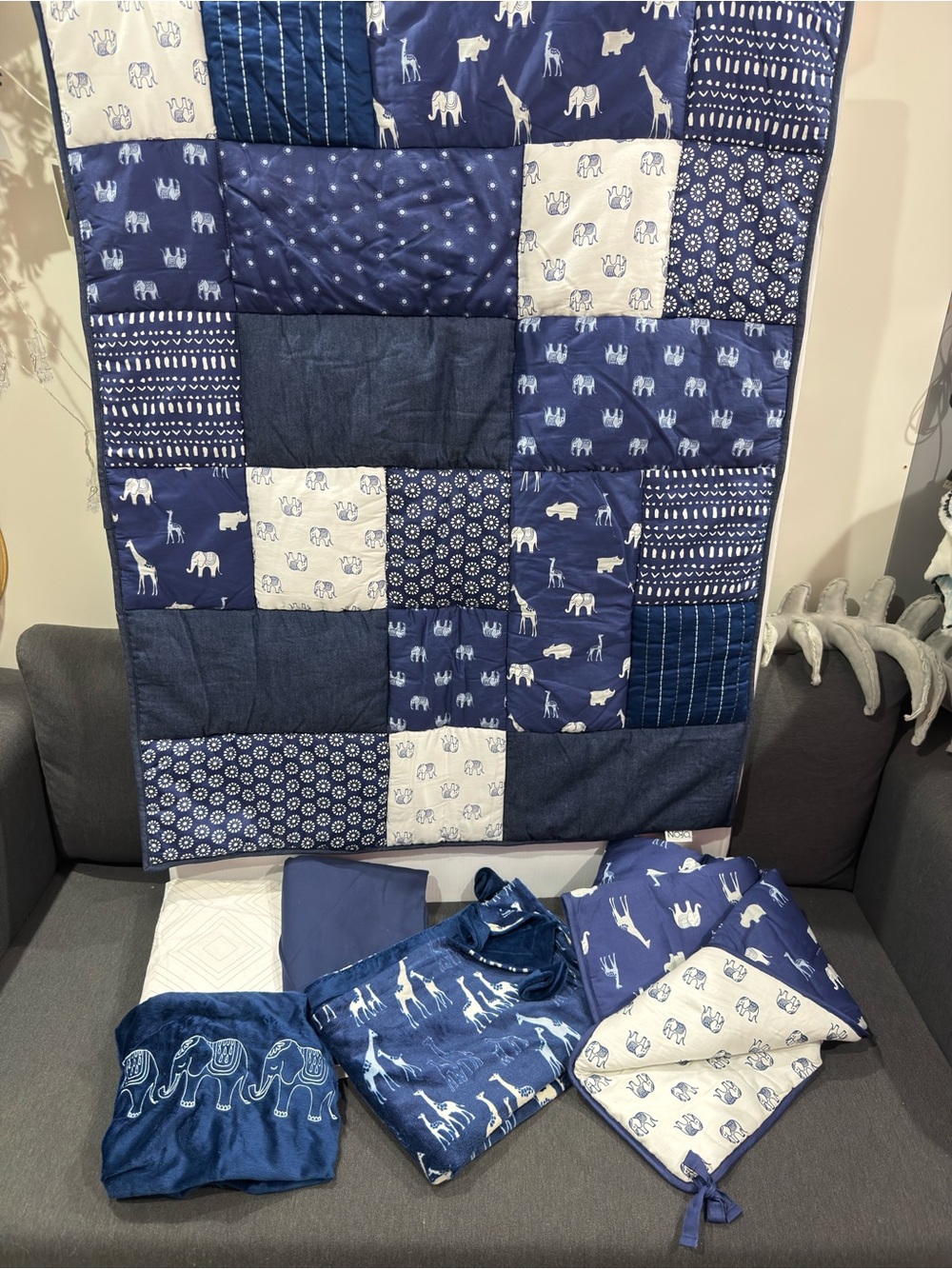 Nojo Serendipity indigo Patchwork elephant baby crib Bedding new